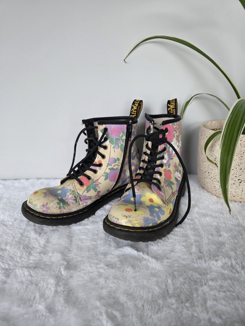 Dr. Martens Pastel Floral Combat Boots - Cream Base with Pink, Yellow & Blue